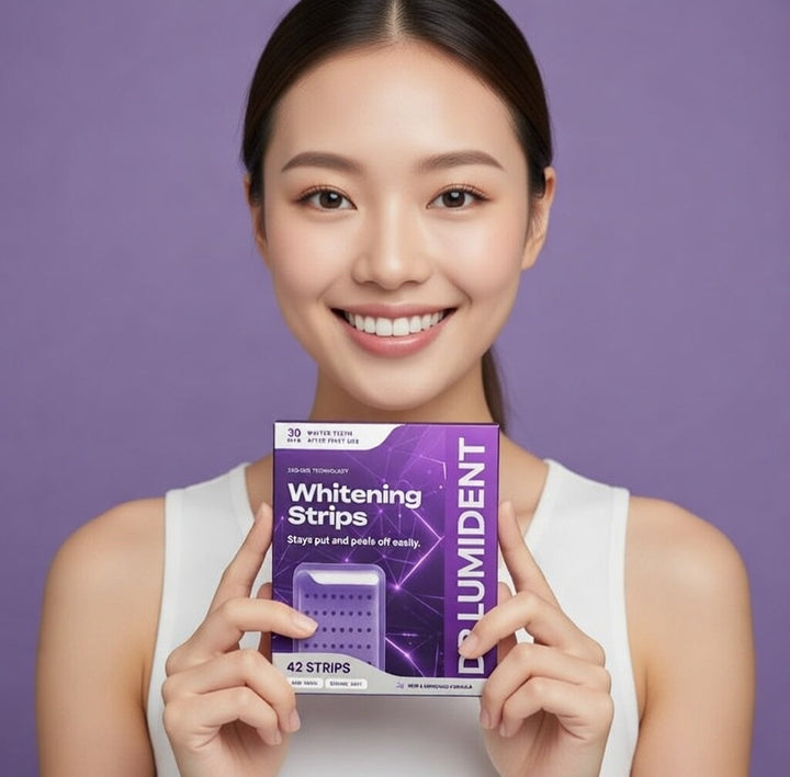 Tiras blanqueadoras PAP Púrpura para dientes blancos. Belleza dental sin sensibilidad, cuidado oral superior.