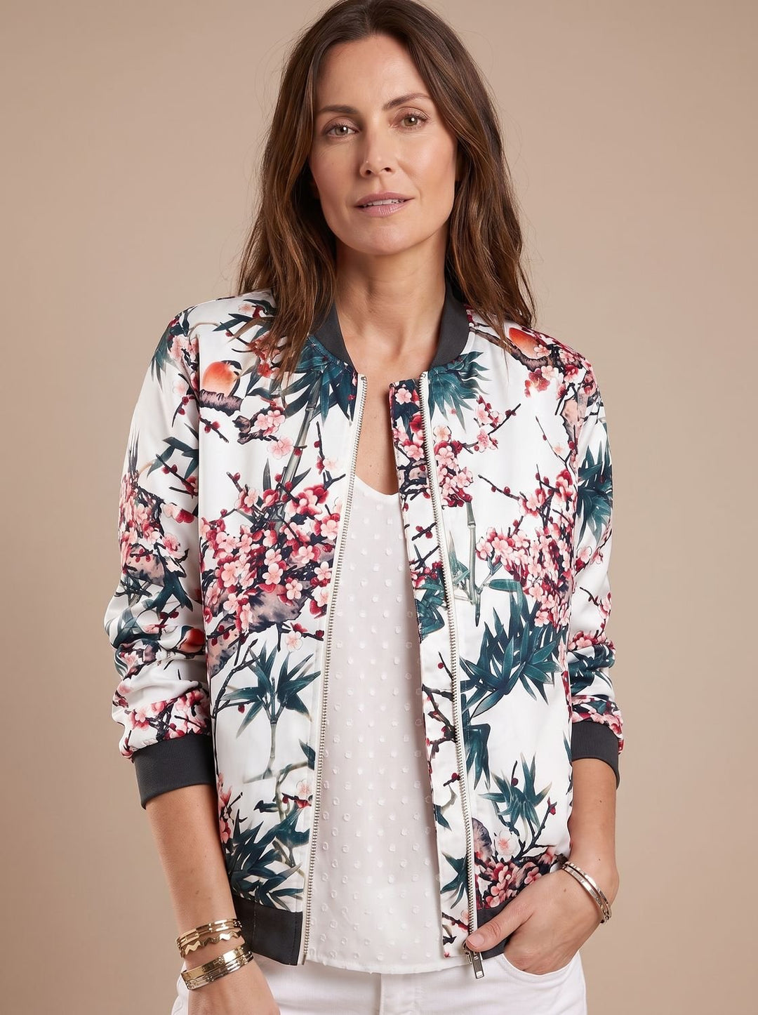 Chaqueta bomber ligera para mujer, estampado floral de primavera/otoño. Con cremallera, ideal para entretiempo casual.