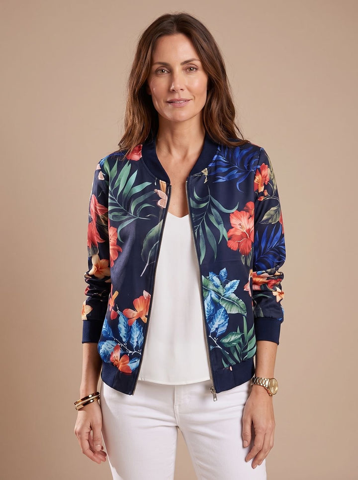 Chaqueta bomber ligera y casual de mujer. Estampado floral de flores de cerezo con cremallera, perfecta para entretiempo.