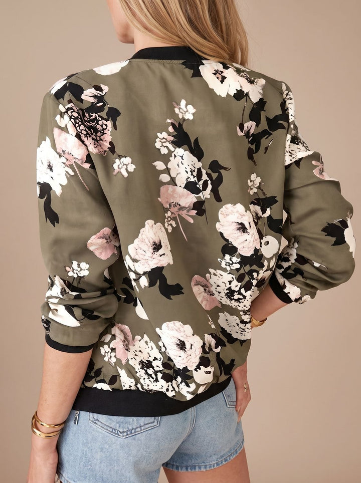 Cazadora bomber de mujer floral con cremallera, ideal para primavera y otoño. Chaqueta ligera con estampado de cerezo casual.