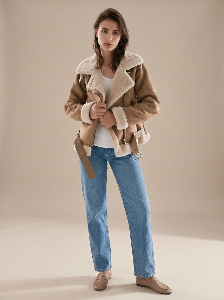 Chaqueta aviador de borreguito sintético para mujer. Abrigo de invierno cálido y con estilo.