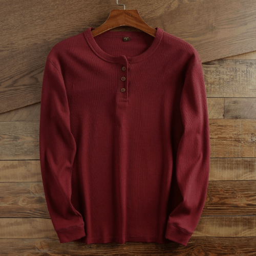 Camiseta de hombre Henley con textura waffle, manga larga. Comodidad y estilo casual para ropa moderna masculina.