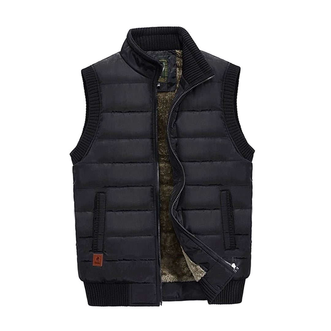 Abrigo invernal: chaleco acolchado de hombre con forro polar. Cálido, sin mangas y cuello alto para actividades exteriores.