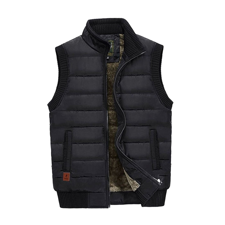 Abrigo invernal: chaleco acolchado de hombre con forro polar. Cálido, sin mangas y cuello alto para actividades exteriores.