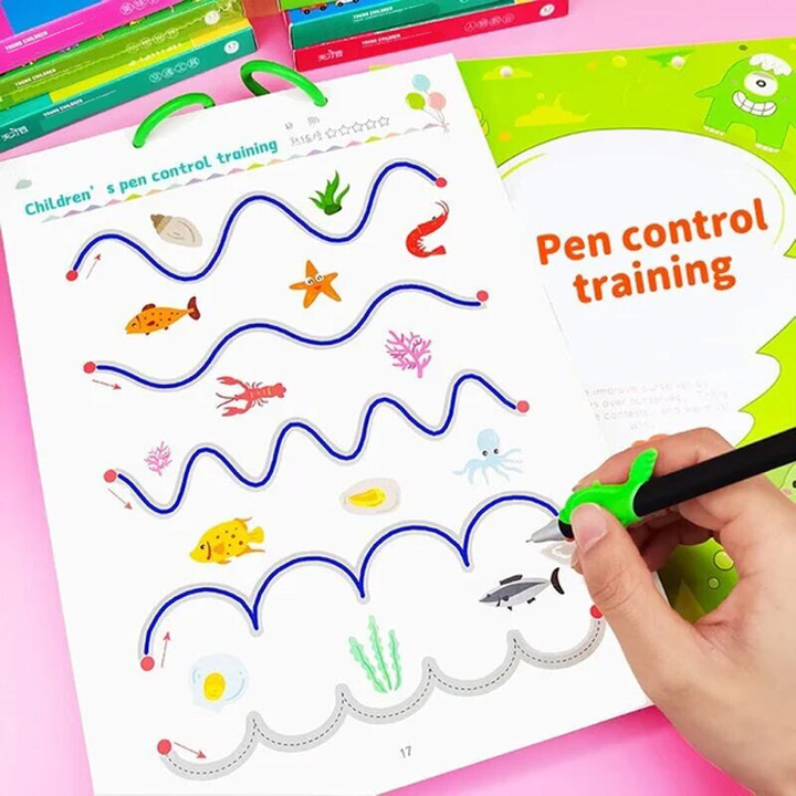 Cuaderno de trazado reutilizable y bolígrafo mágico para niños, fomentando el aprendizaje didáctico de escritura.