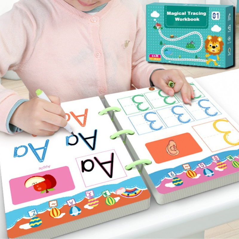 Set de cuadernos mágicos de trazado reutilizable para niños, ideal para preescolar y aprender letras, números y escritura.