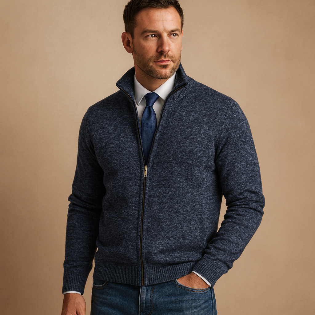 Cárdigan de hombre con cremallera, estilo clásico y punto fino. Una prenda versátil para tu armario casual.