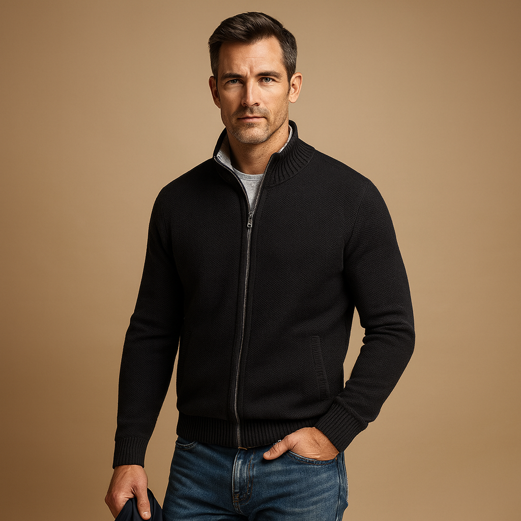 Cárdigan de cremallera para hombre. Abrigo ligero y versátil, ideal para look smart casual o elegante.