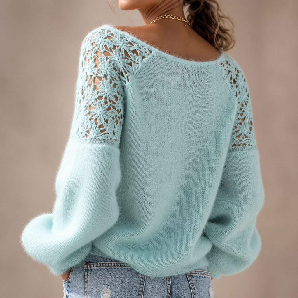 Jersey de punto para mujer, hombros descubiertos y delicado encaje, comodidad y estilo.