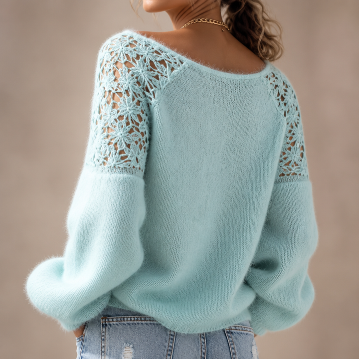 Jersey de punto para mujer, hombros descubiertos y delicado encaje, comodidad y estilo.