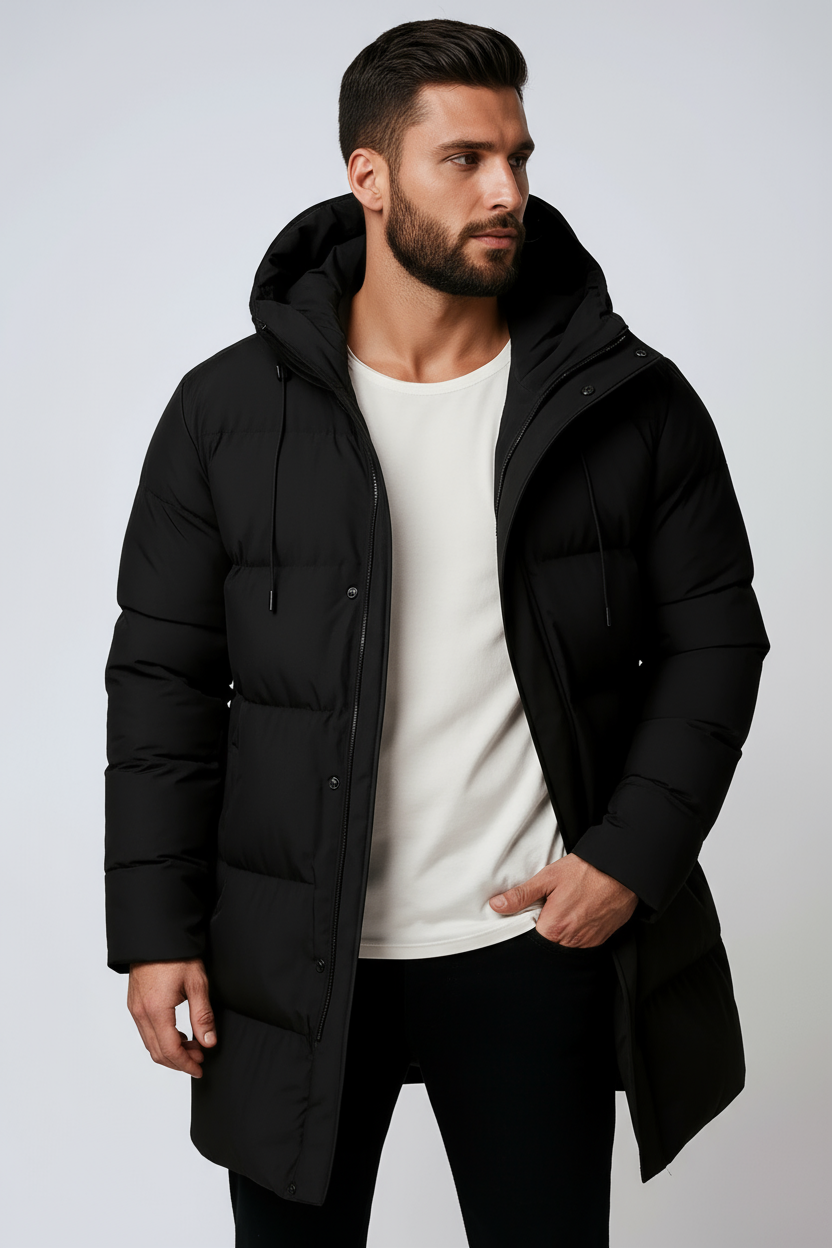 Abrigo cálido largo para hombre con capucha, ideal para protección urbana en invierno.