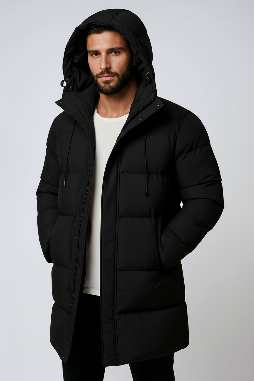 Abrigo de hombre largo con capucha, moderno y elegante, perfecto para moda urbana de invierno.
