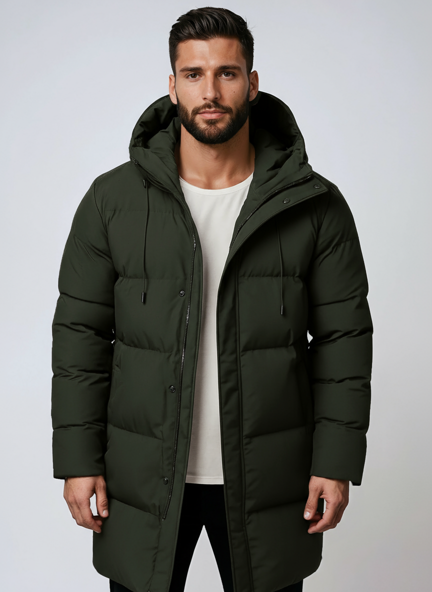 Abrigo largo de invierno para hombre, con capucha, un estilo moderno y cálido para uso exterior.