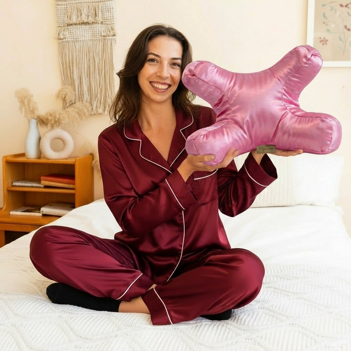 Almohada contorneada de satén. Imprescindible para un sueño que embellece, cuidando piel y cabello sin frizz.