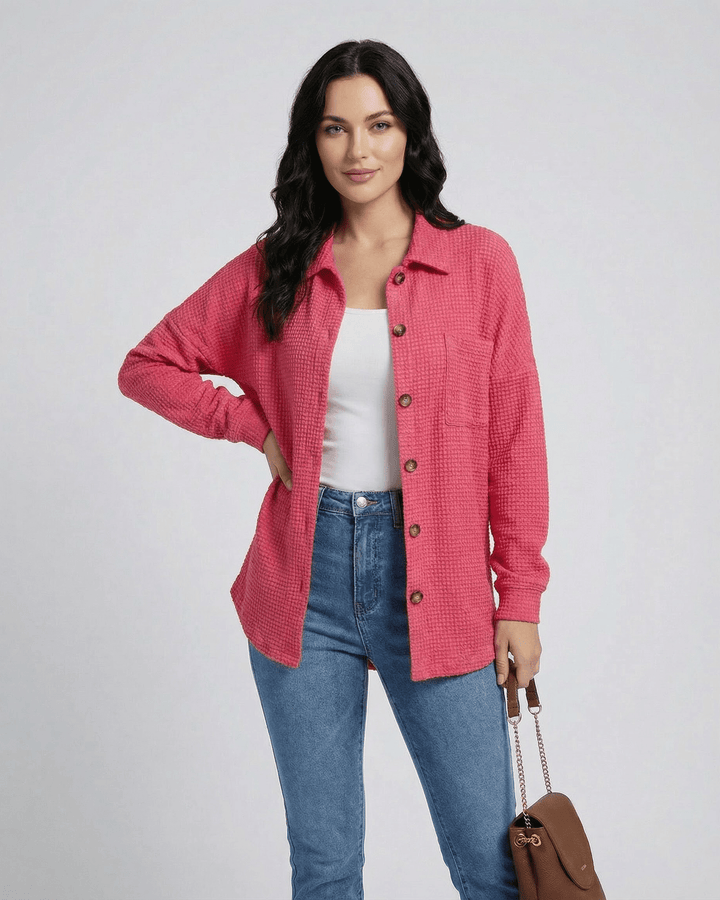 Chaqueta larga rosa casual Verona de mujer, ideal para crear superposiciones modernas y versátiles en otoño.