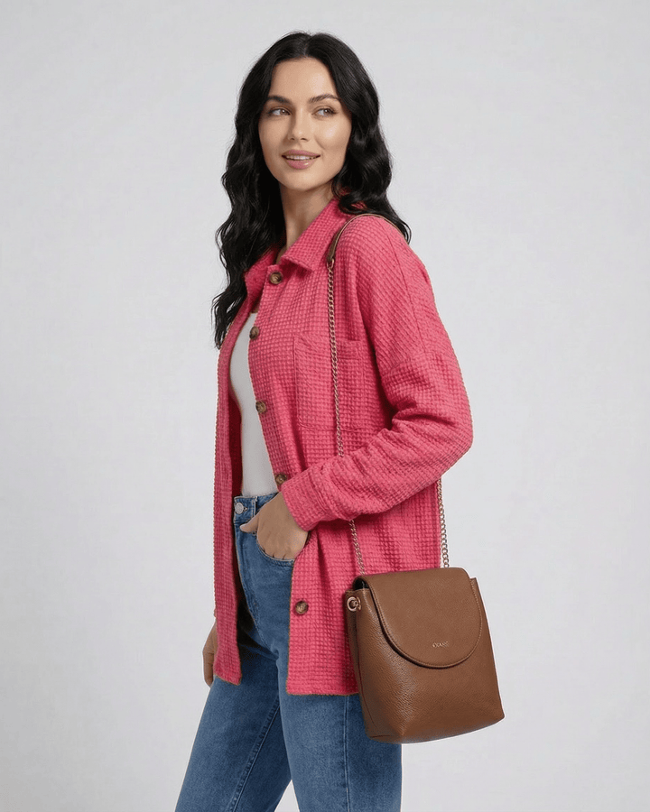 Chaqueta texturizada larga rosa casual para mujer, estilo Verona. Ideal como prenda exterior cómoda de otoño.