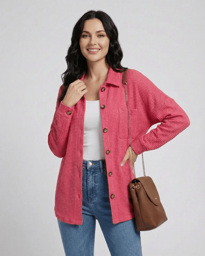 Chaqueta casual larga rosa Verona para mujer, ideal para otoño y look diario. Prenda exterior cómoda.