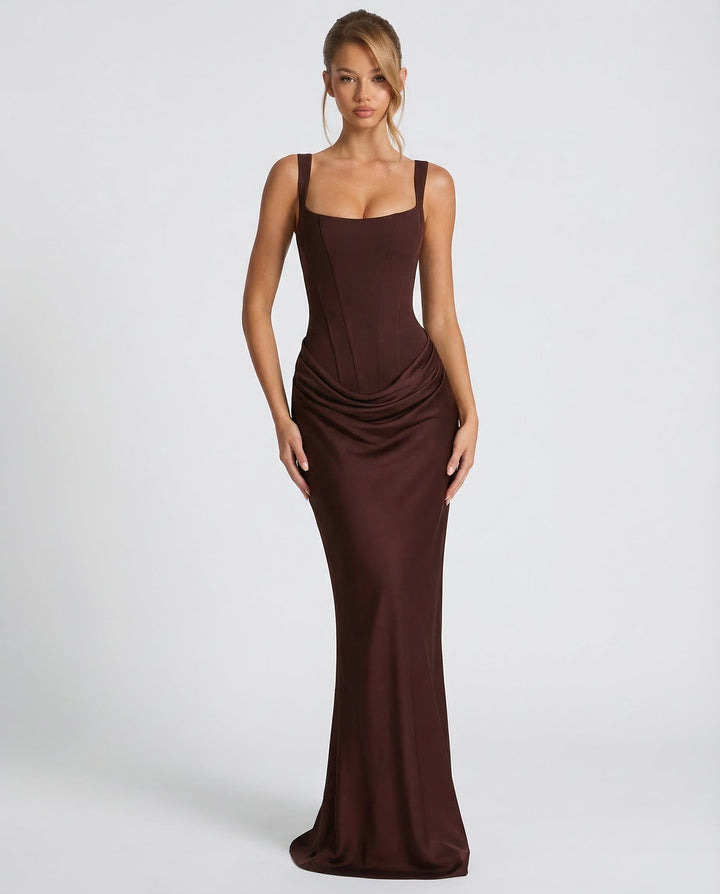 Vestido maxi elegante con corsé para mujer, silueta reloj de arena, ideal noche.