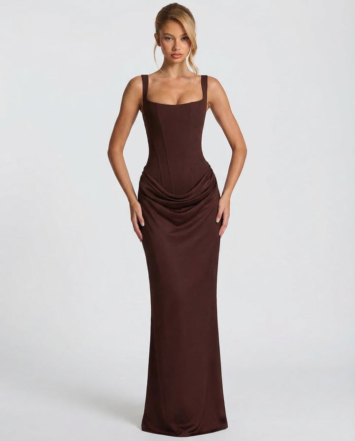 Vestido de fiesta maxi femenino con corsé y ajuste reloj de arena, moda sofisticada.