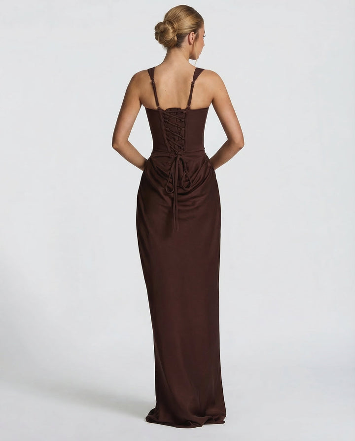 Vestido mujer gala, diseño elegante maxi con corsé, efecto reloj de arena.