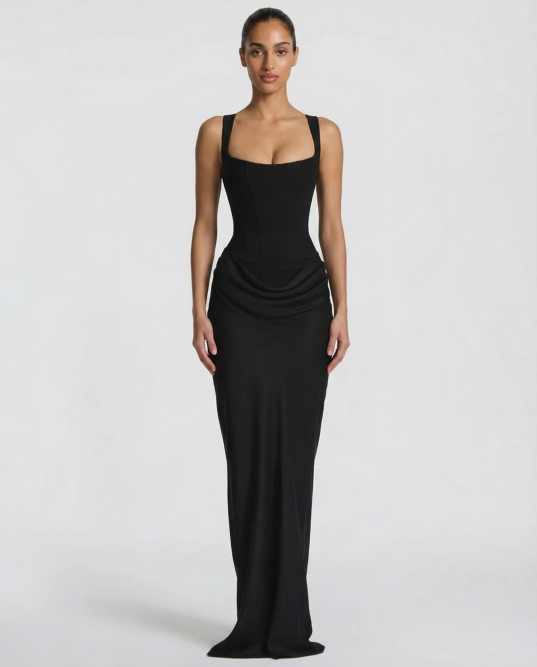 Vestido maxi elegante femenino con corsé, ideal para gala y eventos especiales.