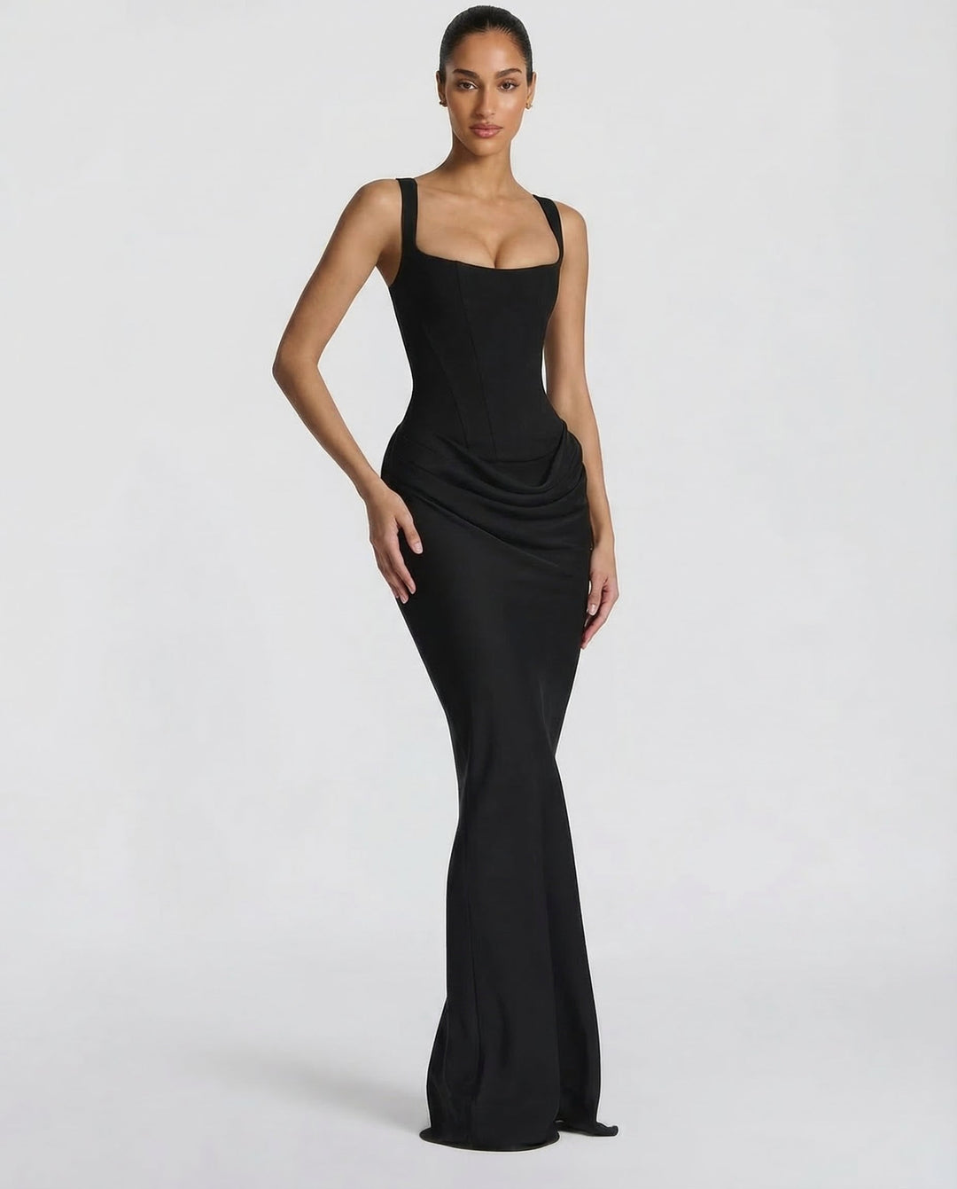 Vestido elegante con corsé para mujer, silueta reloj de arena, perfecto para fiestas.