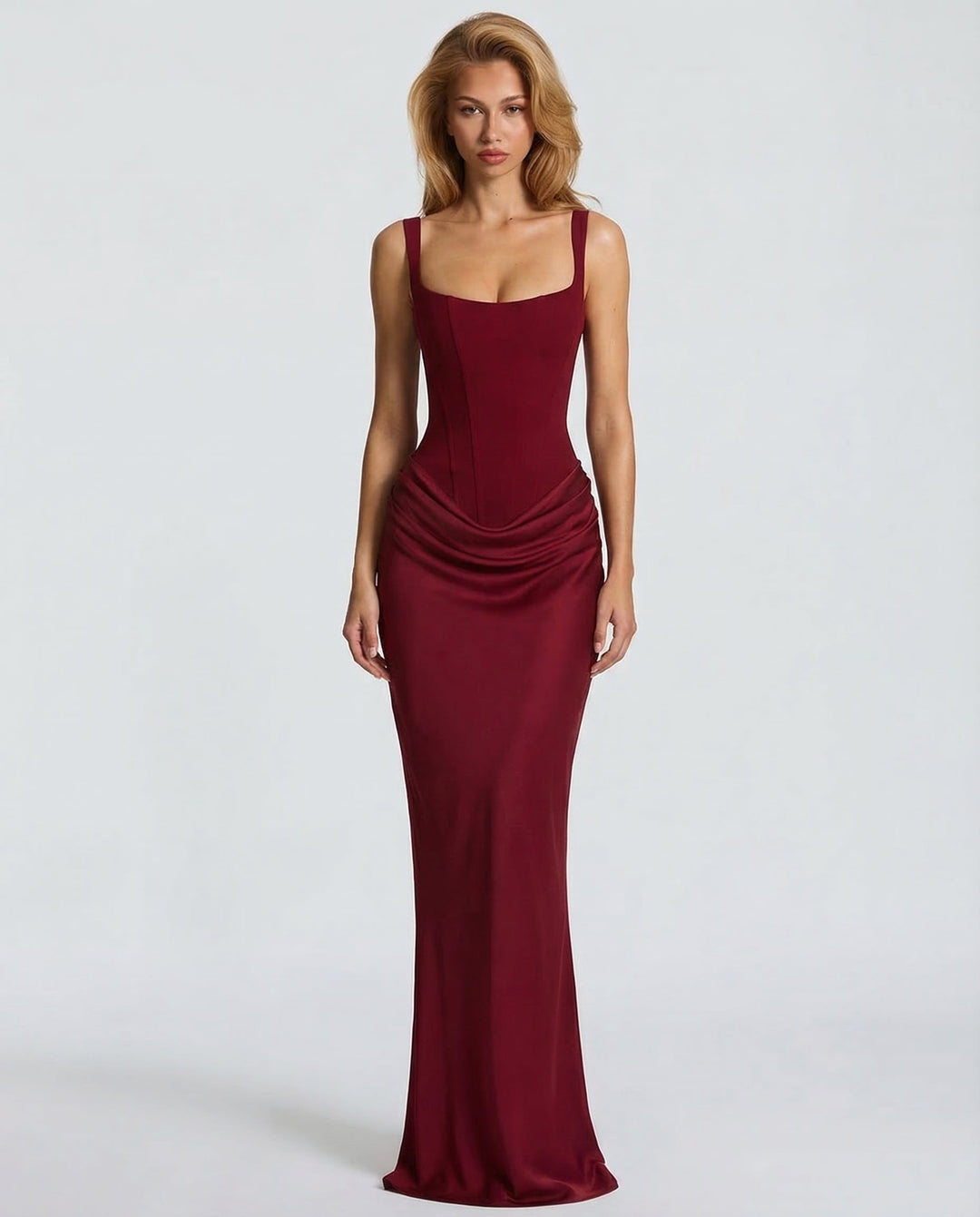Vestido de moda femenina, maxi elegante con corsé, define cintura reloj de arena.