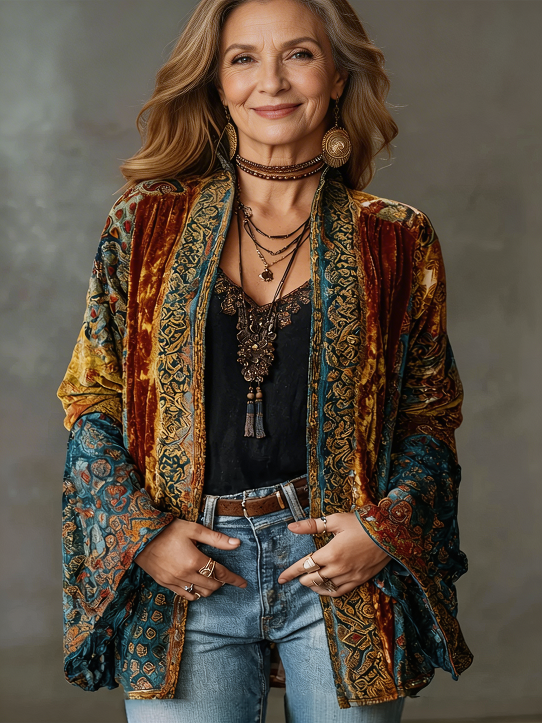 Chaqueta kimono bordada para mujer, diseño floral, estilo bohemio fluido. Perfecta para un look casual.