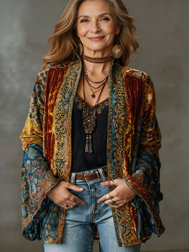 Chaqueta kimono bordada para mujer, diseño floral, estilo bohemio fluido. Perfecta para un look casual.