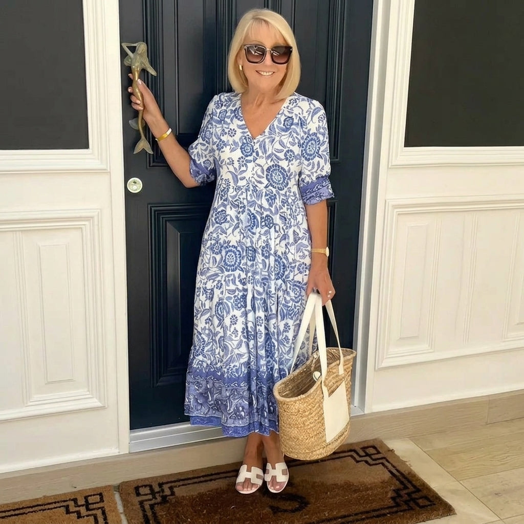 Vestido de verano floral para mujer, cuello en V. Estilo acampanado y elegante, perfecto para eventos casuales.