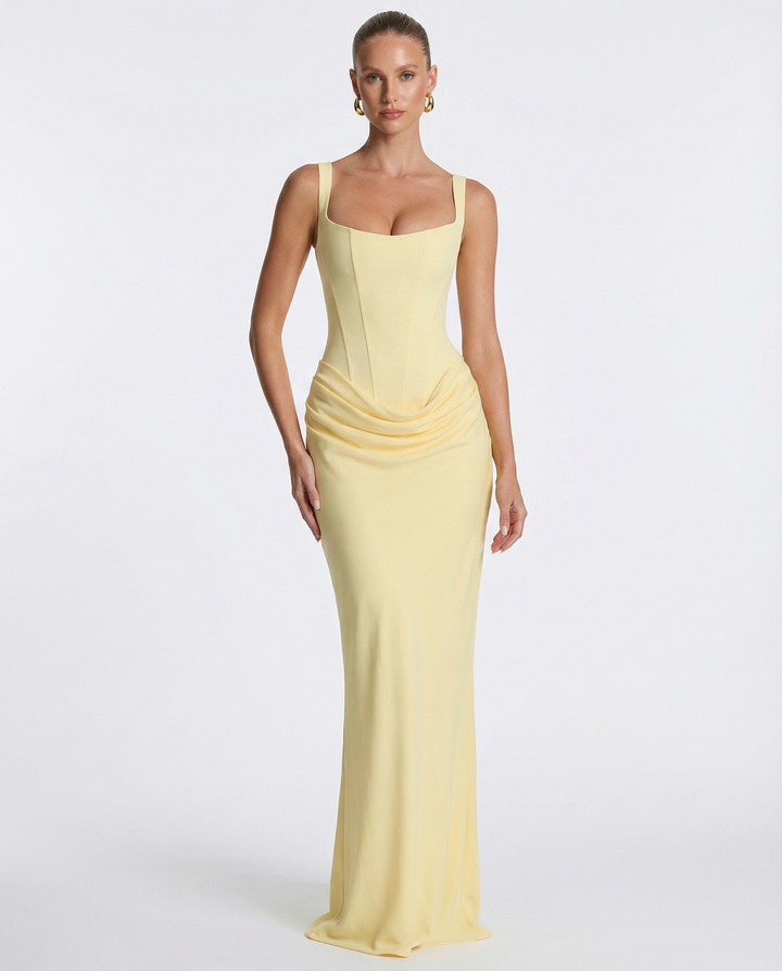 Vestido de fiesta maxi para mujer, elegante y con corsé, silueta sofisticada.