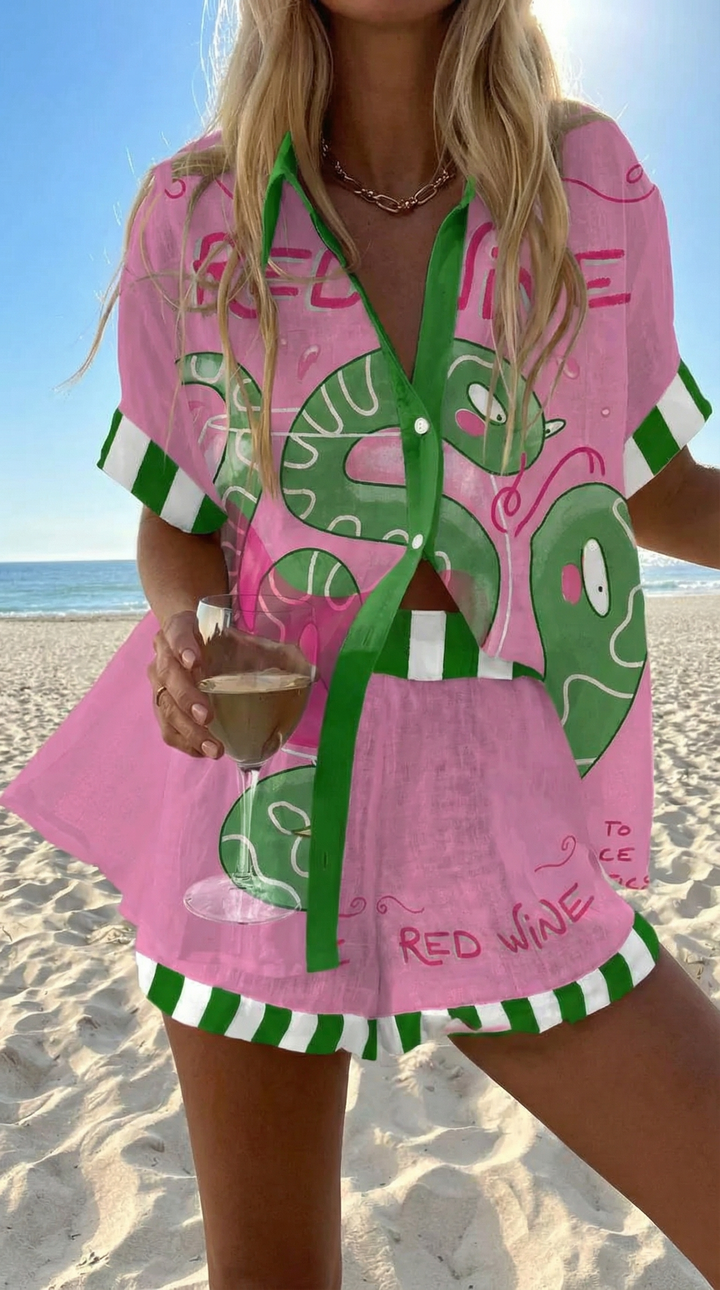 Conjunto bohemio de verano para mujer, camisa estampada tropical y shorts holgados, perfecto para playa y vacaciones.