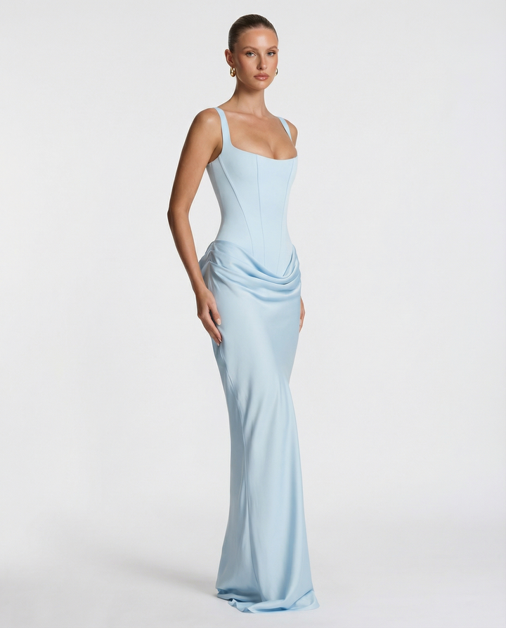 Vestido de noche sofisticado, diseño maxi con corsé y ajuste reloj de arena.