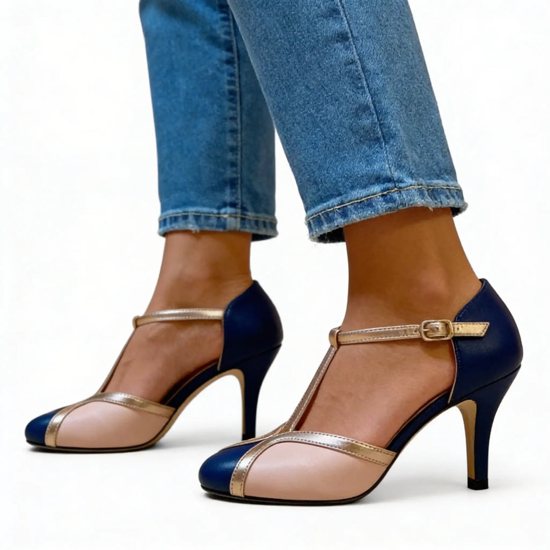 Tacones de piel ortopédicos negros, muy cómodos para mujer. Calzado elegante y versátil.