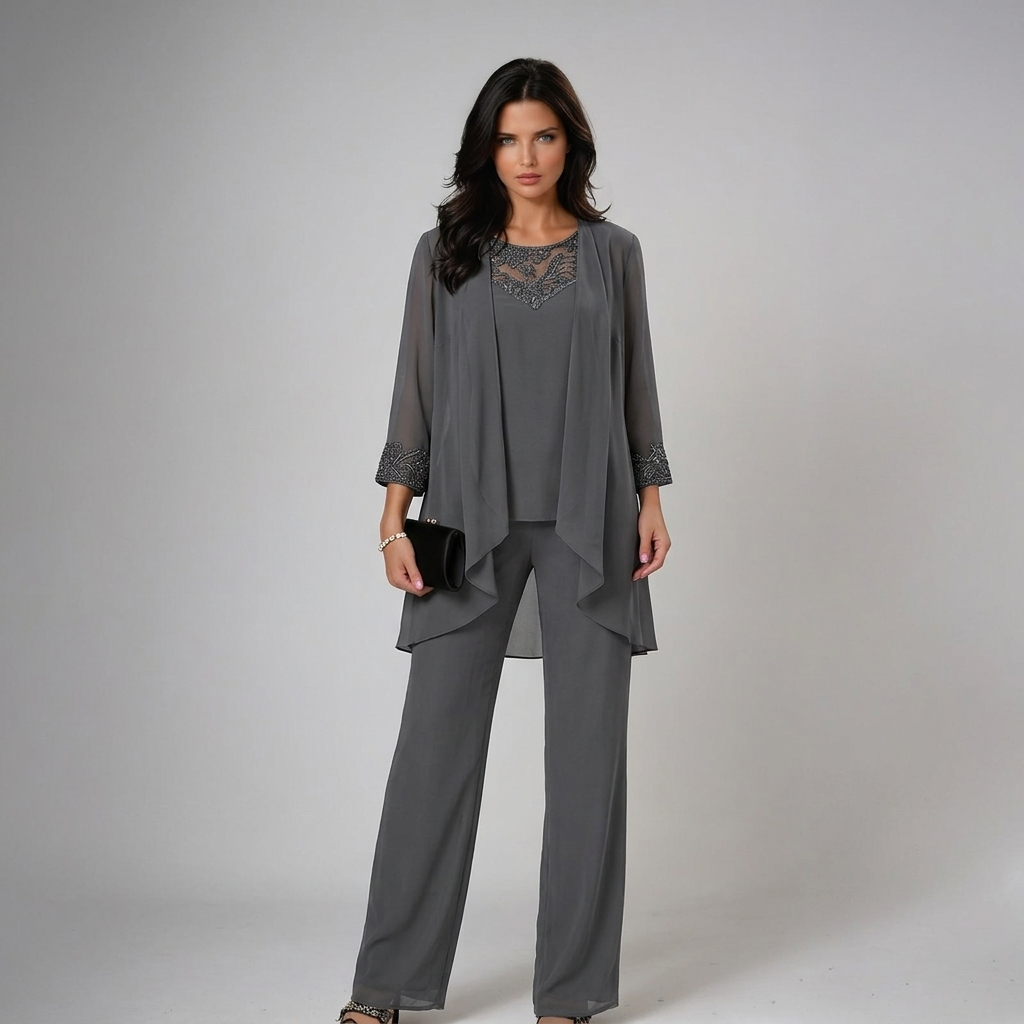 Conjunto de moda femenina con pantalón fluido y top chic, perfecto para fiestas y ceremonias elegantes.