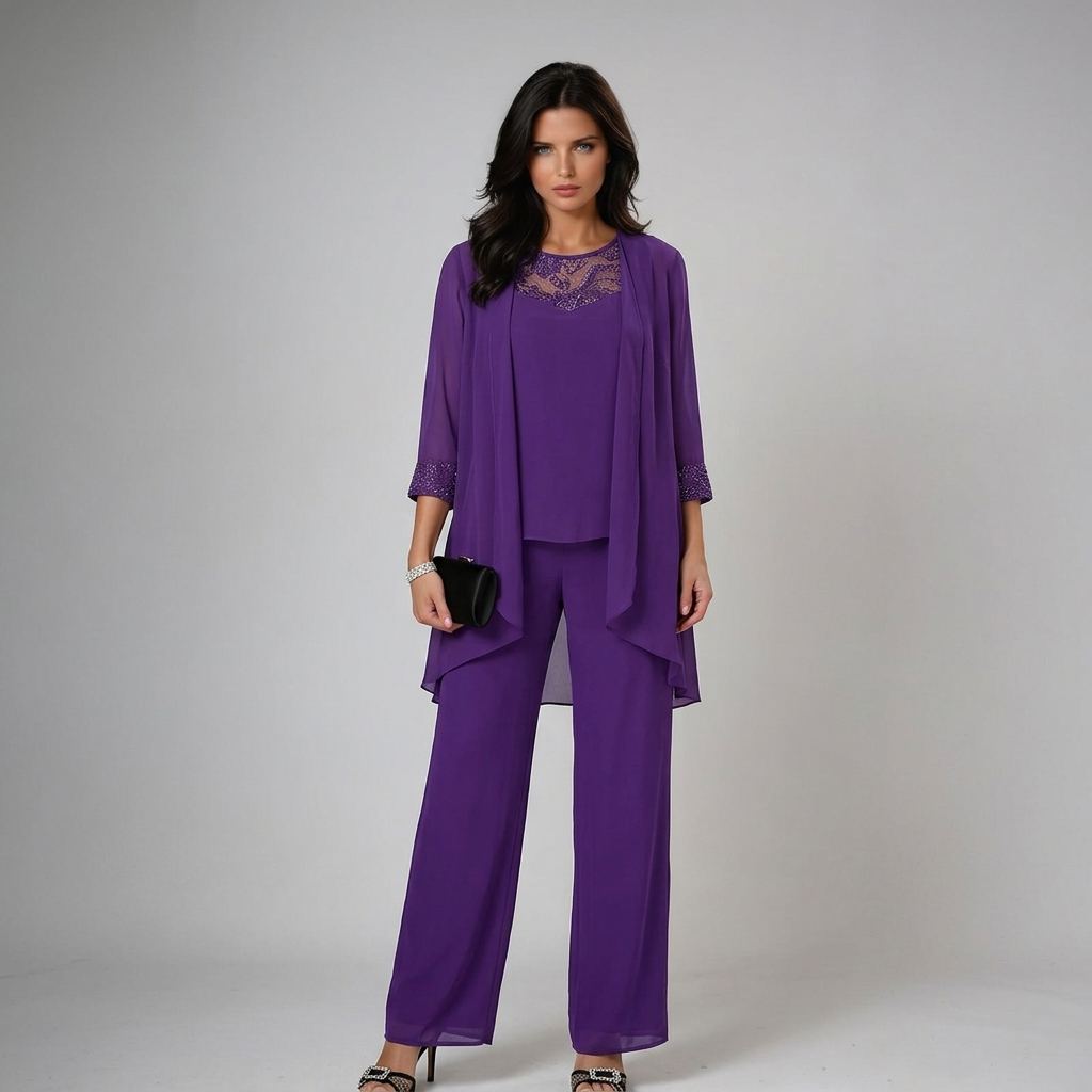 Textura del tejido en conjunto de tres piezas con pantalón fluido, ideal para ocasiones especiales y bodas.