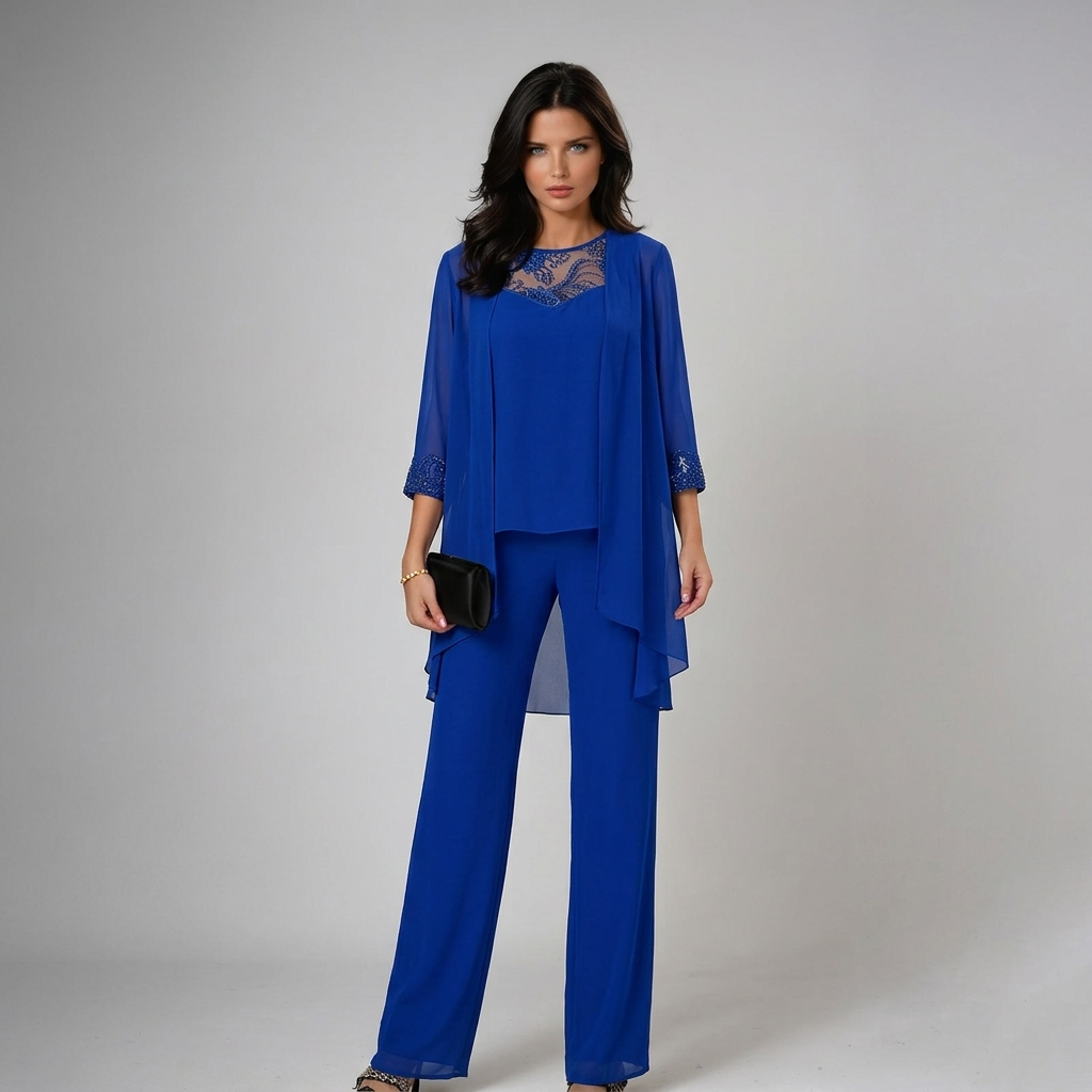Conjunto mujer elegante de tres piezas: pantalón fluido, top y chaqueta. Ideal fiesta y ceremonia.