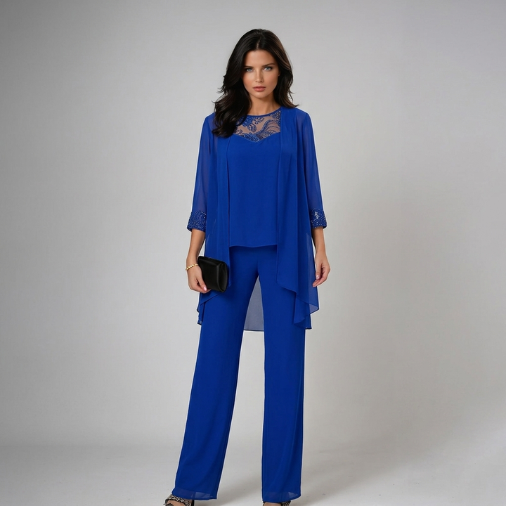 Conjunto mujer elegante de tres piezas: pantalón fluido, top y chaqueta. Ideal fiesta y ceremonia.