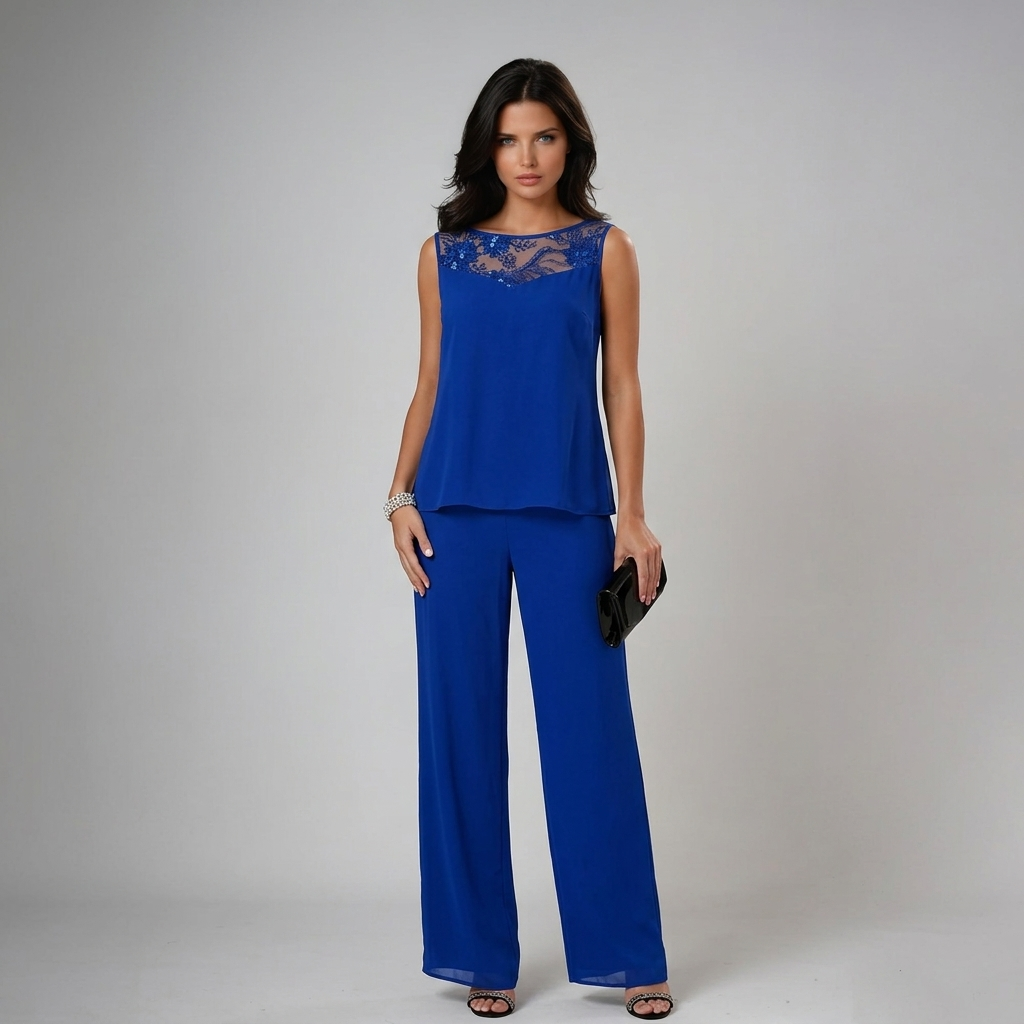 Detalle de pantalón fluido en conjunto mujer elegante de tres piezas, perfecto para ocasiones especiales.
