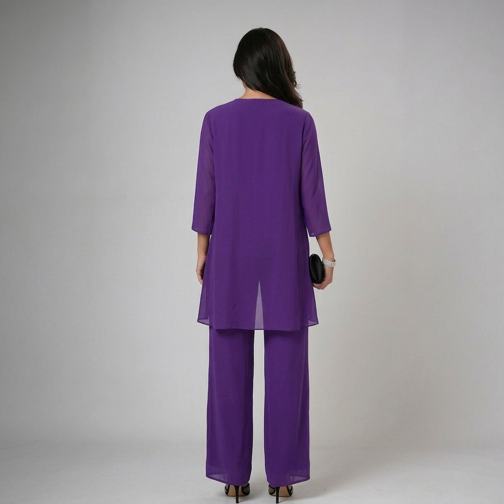 Conjunto de fiesta para mujer, elegante y versátil, con pantalón fluido, top y chaqueta a juego.
