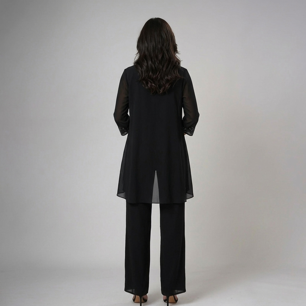 Pantalón fluido, chaqueta y top. Conjunto mujer tres piezas elegante para ceremonia y eventos formales.