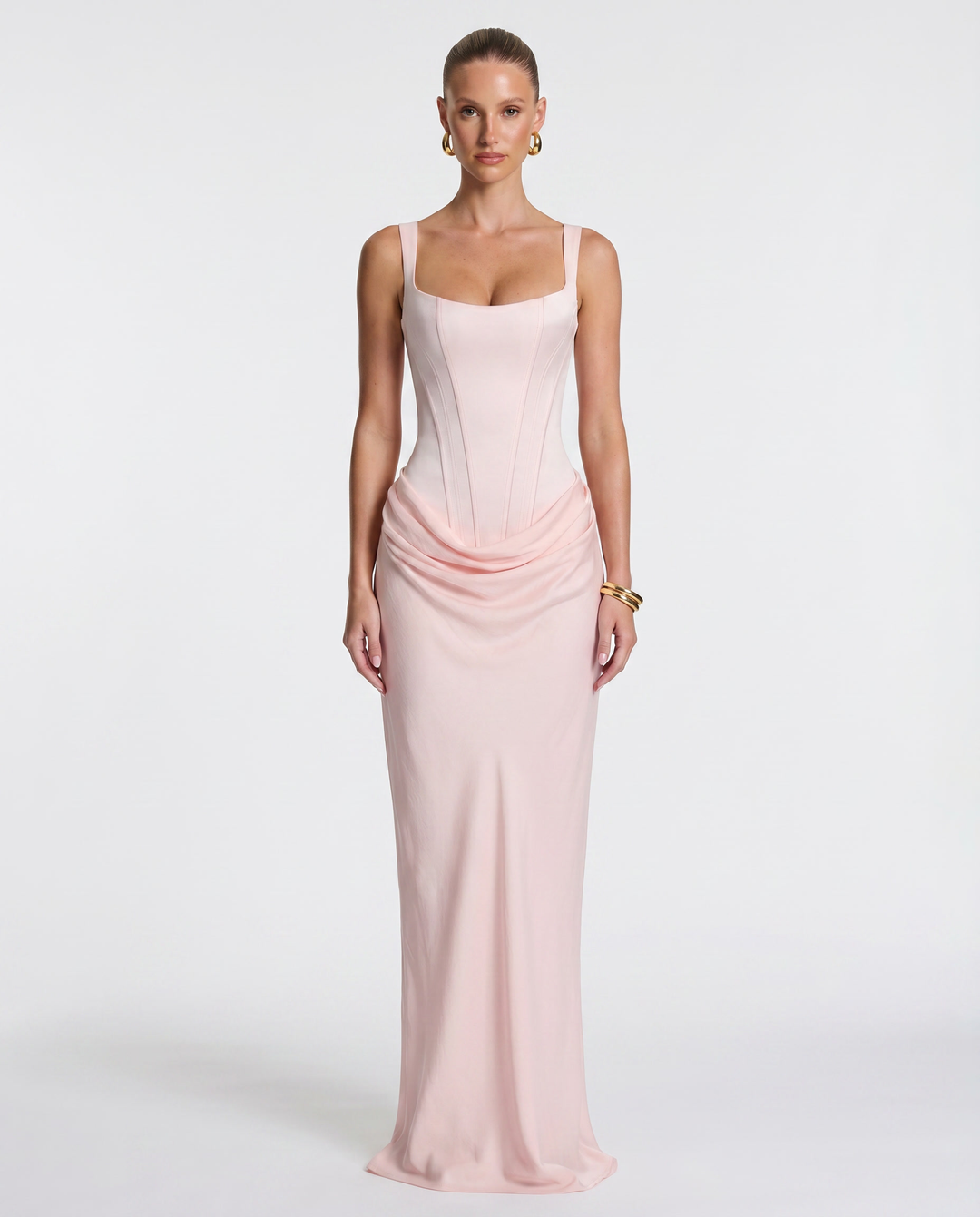 Vestido elegante mujer, maxi con corsé, silueta reloj de arena, perfecto para eventos.