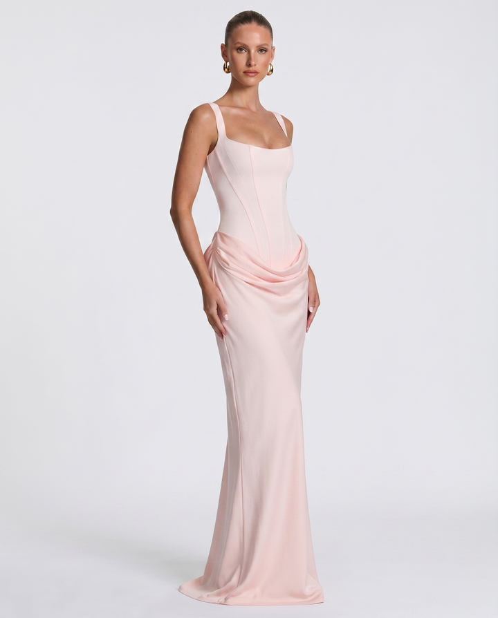 Vestido maxi sofisticado con corsé para mujer, ideal para fiesta y noche.