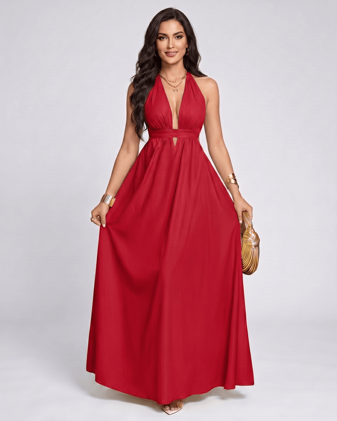 Vestido largo elegante para mujer, escote halter en V. Diseño fluido, perfecto para fiesta y ocasiones especiales.