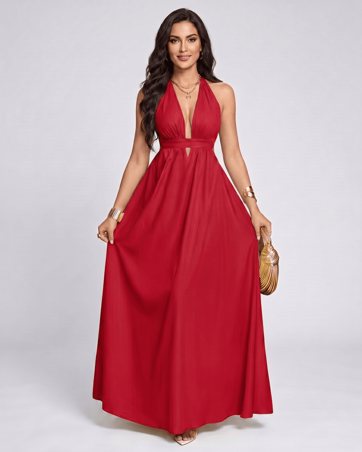 Vestido largo elegante para mujer, escote halter en V. Diseño fluido, perfecto para fiesta y ocasiones especiales.