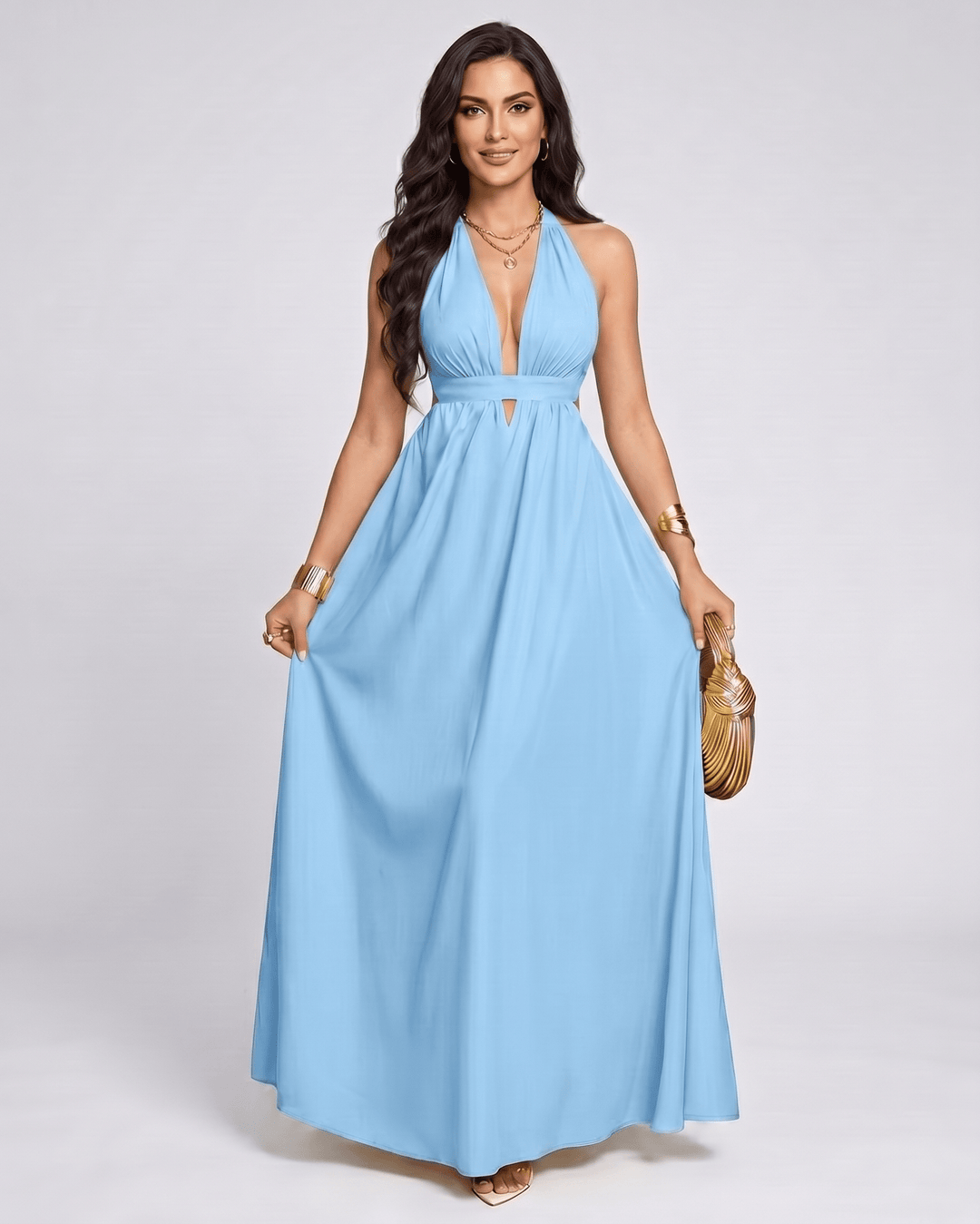 Vestido maxi sin mangas, escote halter, diseño fluido. Vestido elegante para mujer.