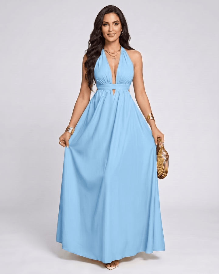Vestido maxi sin mangas, escote halter, diseño fluido. Vestido elegante para mujer.