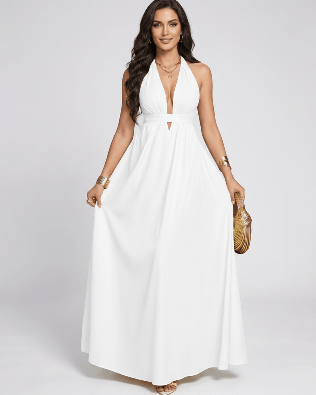 Vestido largo sin mangas, escote halter, diseño fluido. Vestido de mujer elegante.