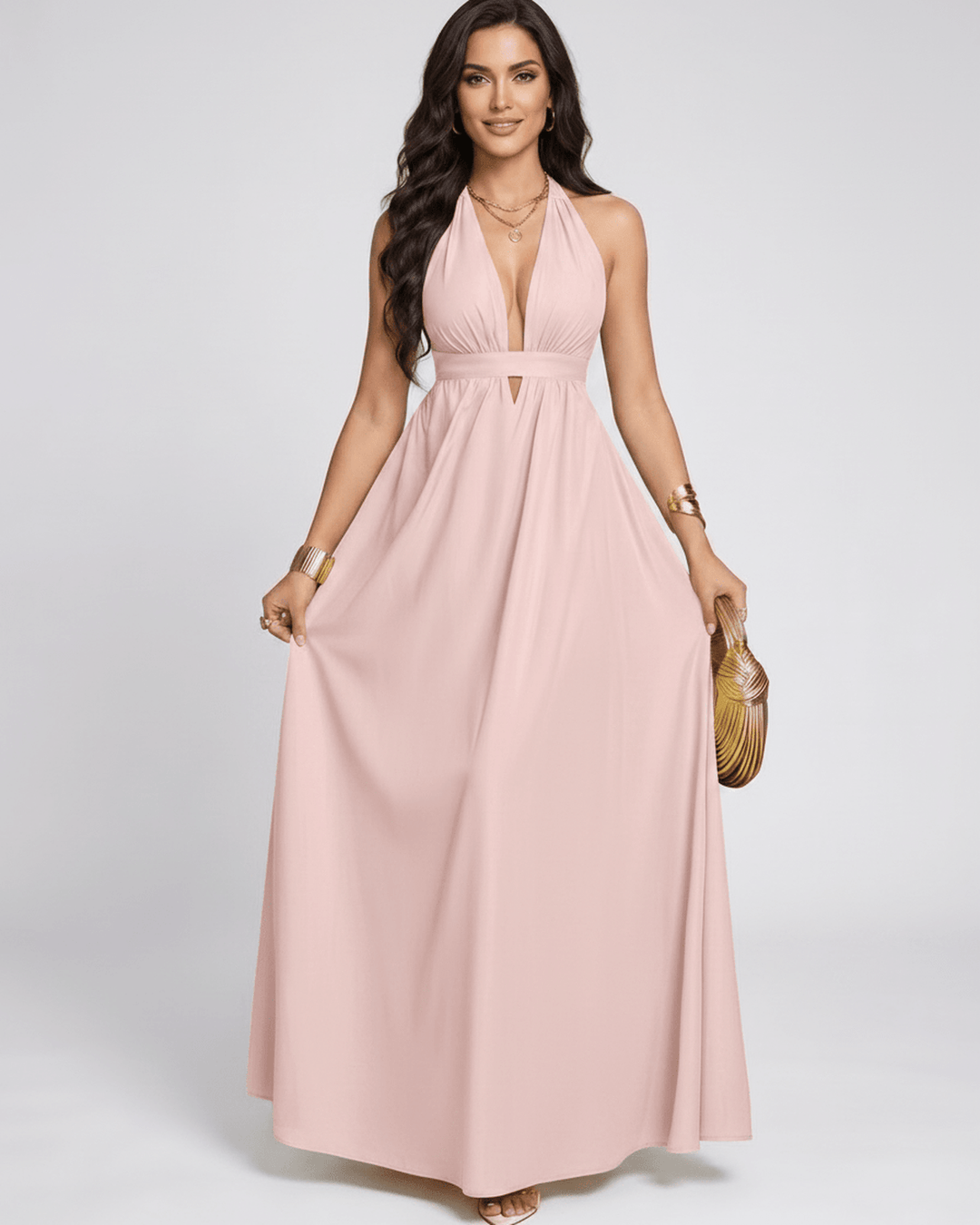 Vestido de verano fluido, escote halter. Vestido maxi sin mangas para mujer, ropa elegante.
