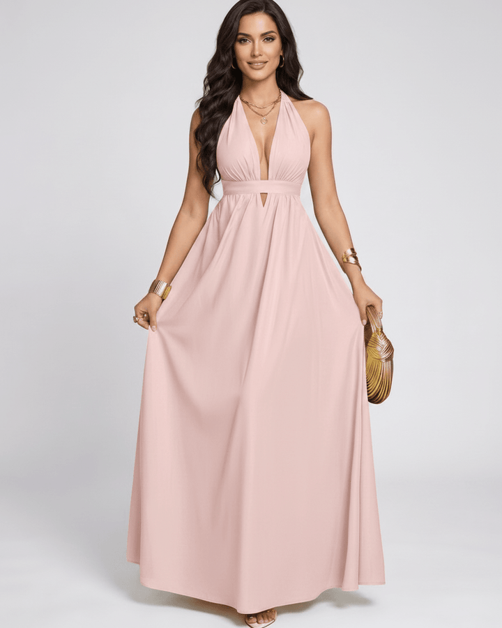Vestido de verano fluido, escote halter. Vestido maxi sin mangas para mujer, ropa elegante.